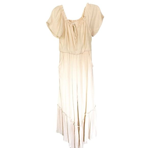 Lush Cream Tie Front Short Sleeve Wide Leg Bohemian Cottagecore Jumpsuit Small - Picture 1 of 8